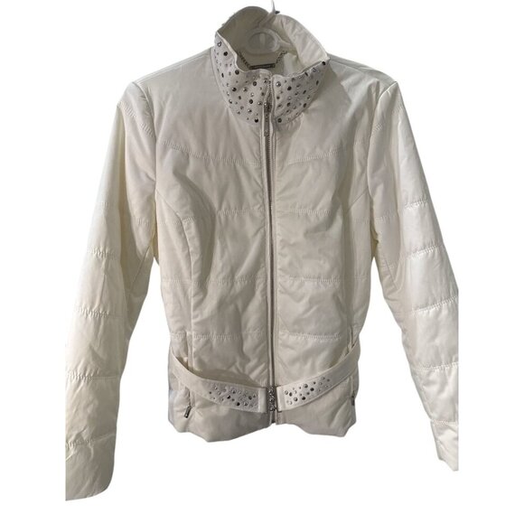 White House Black Market Womens White Quilted Jacket Medium With Rhinestones EUC - Picture 6 of 6